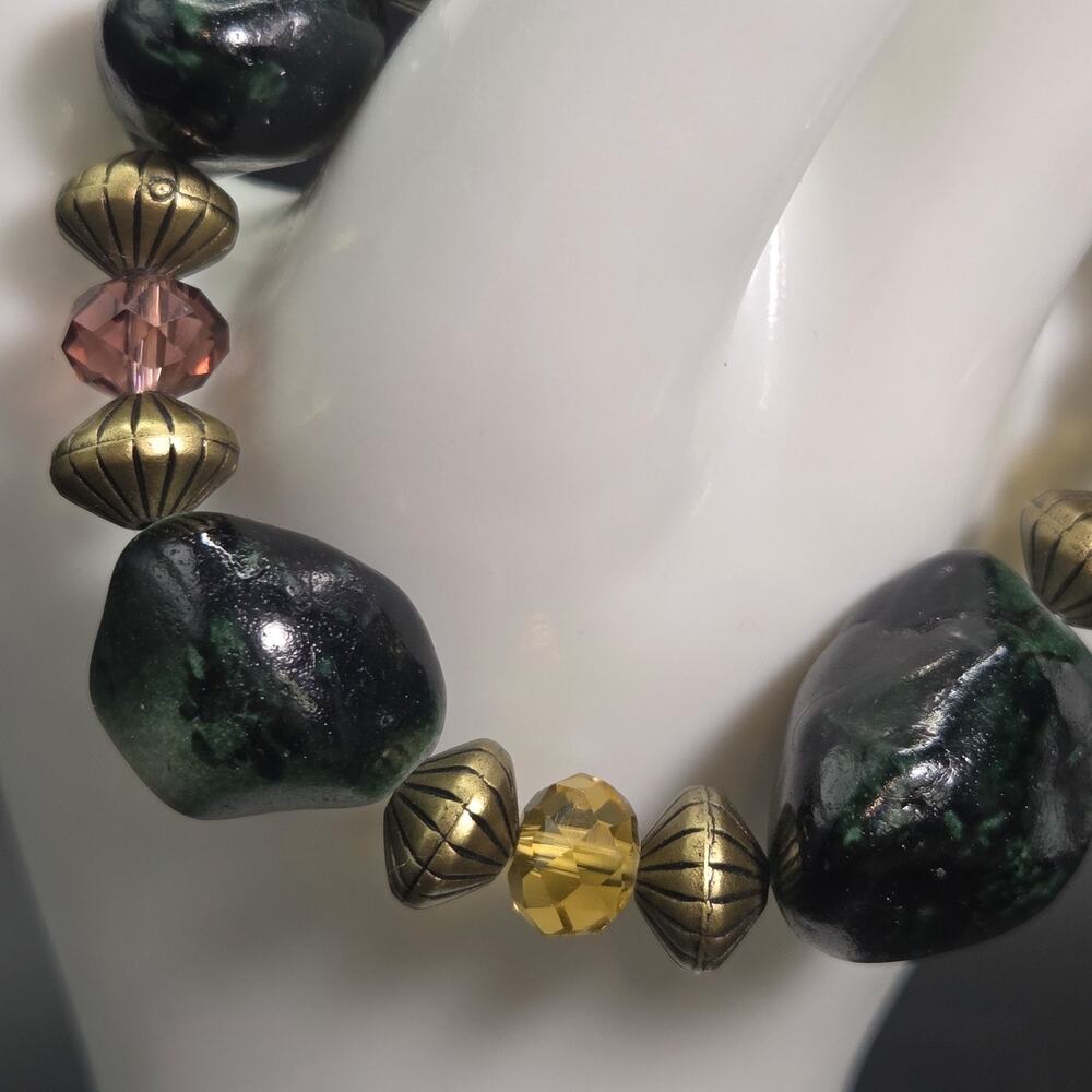 Emerald Empire Bracelet Irregular Art Glass Green Beads Brass Colorful Crystals